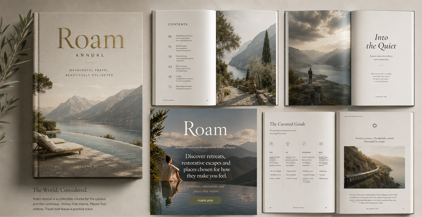 Roam Annual Volume 01 cover shown with interior spreads including the contents page, Into the Quiet and The Curated Guide