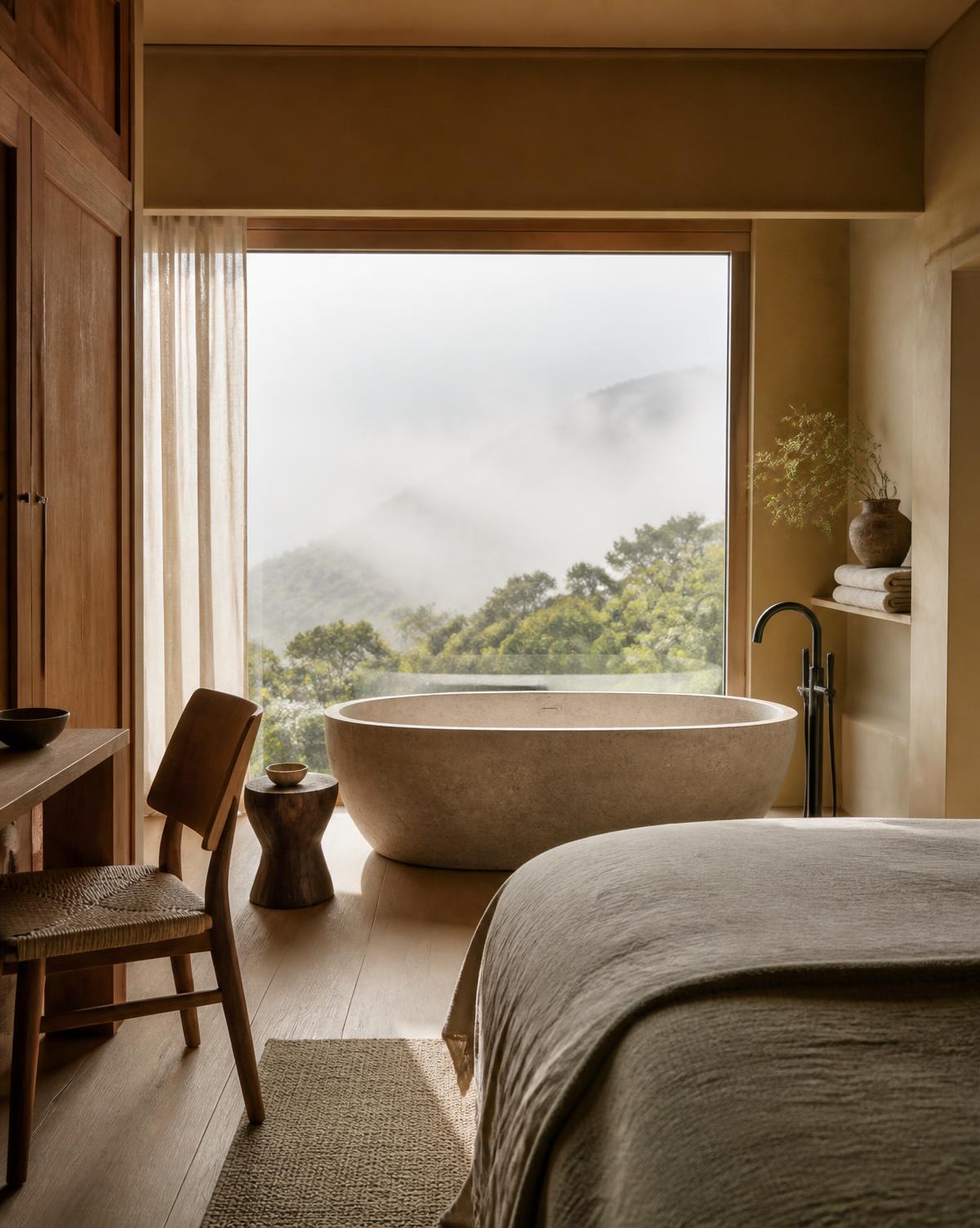 A calm hotel room with a stone bath overlooking misty hills
